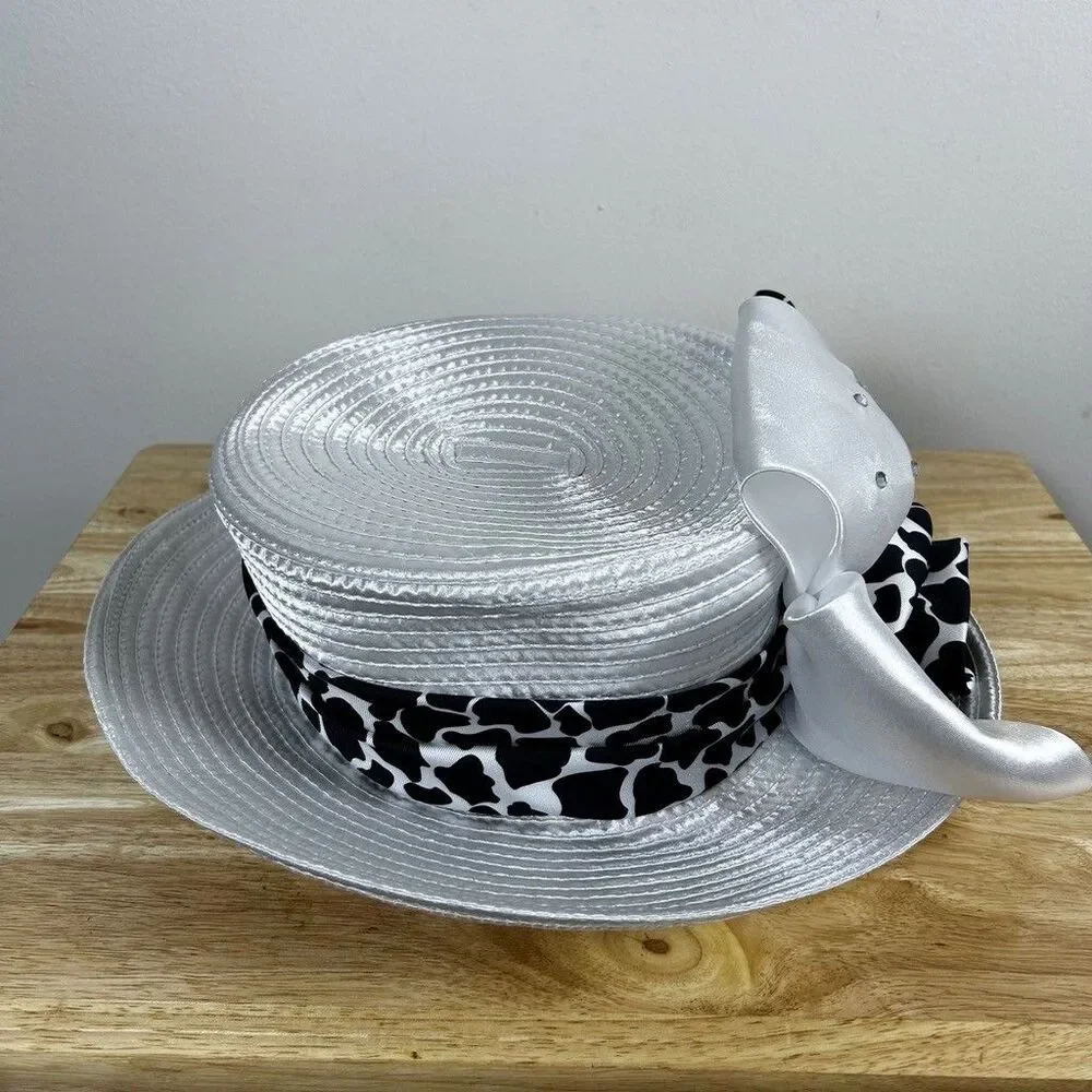 Regalia Womens Church Hat White Satin Ribbon Cow Print Bow Rhinestone Pillbox